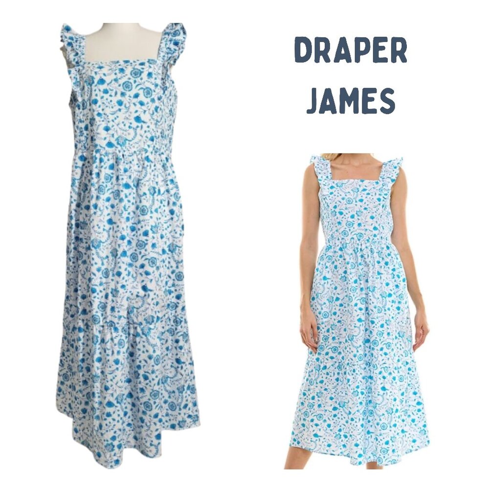 DRAPER JAMES White & Blue Paisley Floral Flutter Strap Dress -Women's L